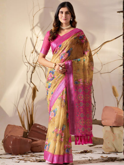 Rajwada Multicolor Linen Cotton Printed Saree For Women
