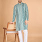Rajwada Light Green Viscose Rayon Embroidered Stitched Kurta For Men