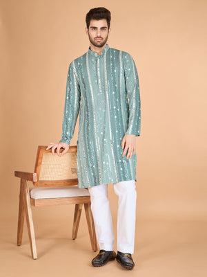 Rajwada Light Green Viscose Rayon Embroidered Stitched Kurta For Men