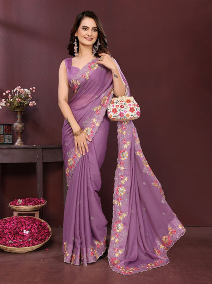 Rajwada Lavender Georgette Solid Saree For Women