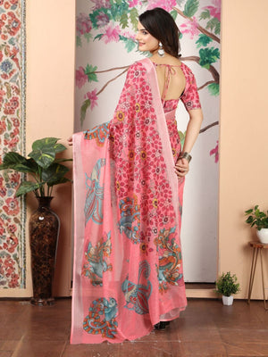 Rajwada Pink Cotton Linen Woven Printed Saree For Women