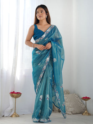 Rajwada Blue Net Sequins Embroidered Saree With Unstitched Blouse For Women