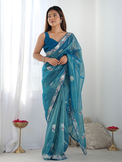 Rajwada Blue Net Sequins Embroidered Saree With Unstitched Blouse For Women