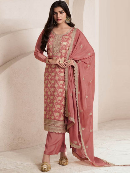 Rajwada Mauve Jacquard Embroidered Semi Stitched Kurta Set For Women