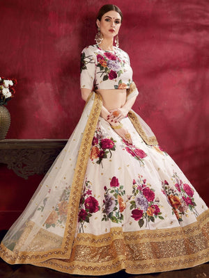 Rajwada Off-White Art Silk Printed Semi-Stitched lehenga For Women