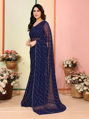 Rajwada Navy Blue Georgette Embellished Saree For Women