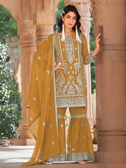 Rajwada Mustard Organza Embroidered Semi-Sitched Kurta Set For Women