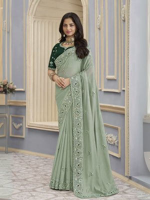 Rajwada Light Green Georgette Embroidered Elegant Saree For Women