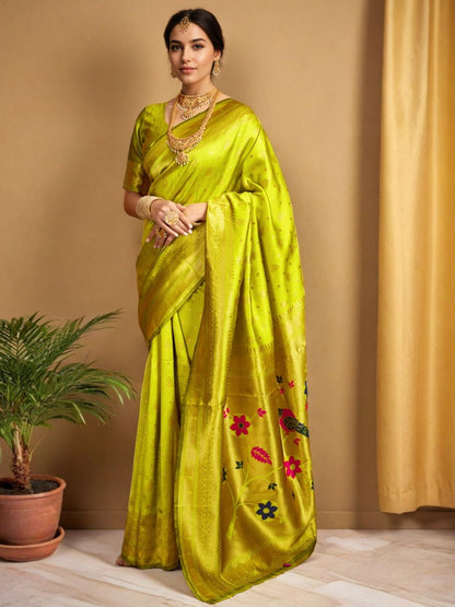 Rajwada Lime Green Silk Blend Woven Pithani Saree For Women