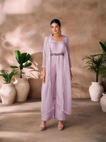Rajwada Lavender Organza Embellished Stitched Jumpsuit For Women