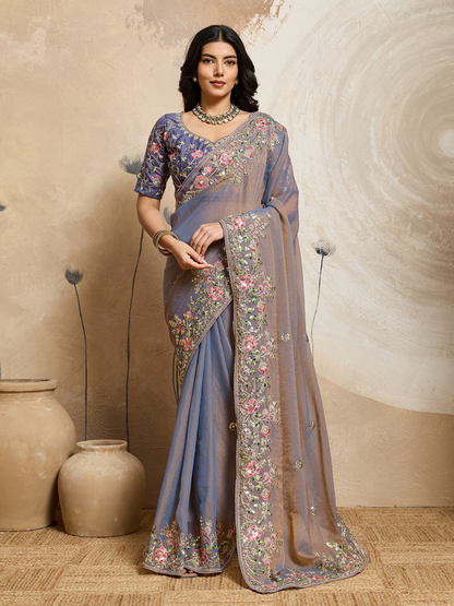 Rajwada Dusty Blue Chiffon Embroidered Saree For Women