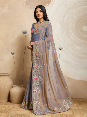 Rajwada Dusty Blue Chiffon Embroidered Saree For Women