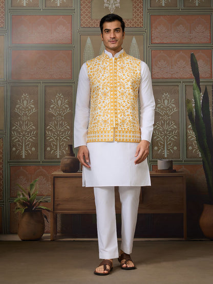 Rajwada White Silk Blend Plain Stitched Kurta Set For Men