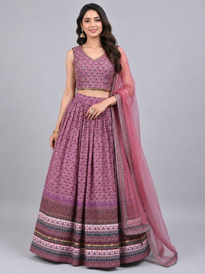 Light Mauve Cotton Blend Printed Lehenga