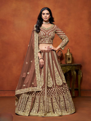 Rajwada Brown Net Embroidered Semi-Stitched lehenga For Women