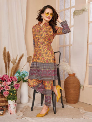 Rajwada Mustard Rayon Printed Semi-Stitched Co-Ord Set For Women