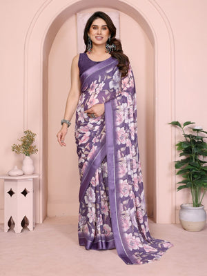 Rajwada Purple Georgette Floral Print Saree For Women