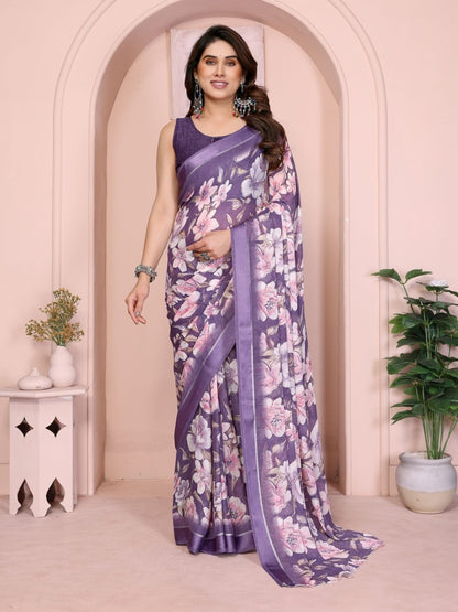 Rajwada Purple Georgette Floral Print Saree For Women