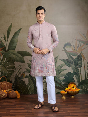 Rajwada Pink Viscose Silk Embroidered Stitched Kurta For Men