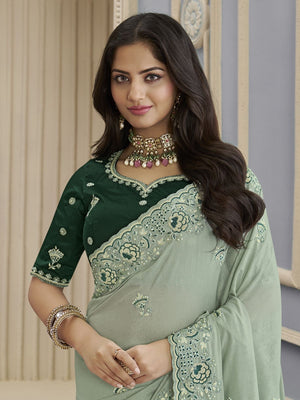 Rajwada Light Green Georgette Embroidered Elegant Saree For Women