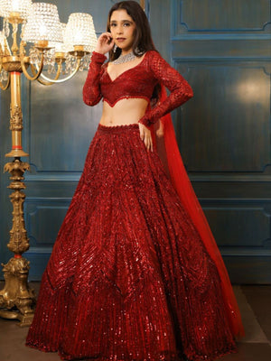 Rajwada Deep Red Georgette Embellished Semi Stitched Lehenga For Women