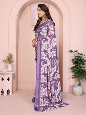 Rajwada Purple Georgette Floral Print Saree For Women