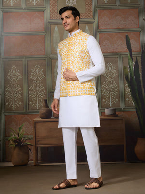Rajwada White Silk Blend Plain Stitched Kurta Set For Men