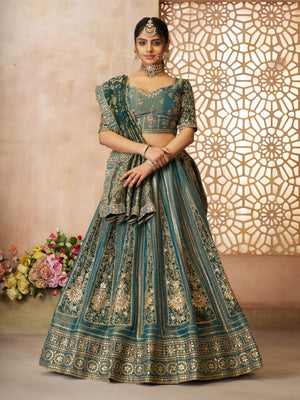 Rajwada Green Tissue Embroidered Semi-Stitched Lehenga For Women