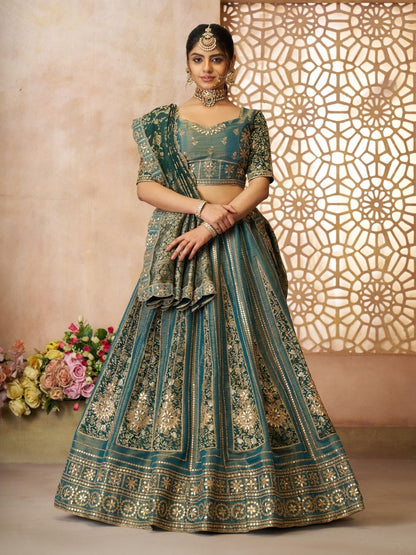 Rajwada Green Tissue Embroidered Semi-Stitched Lehenga For Women