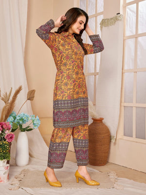 Rajwada Mustard Rayon Printed Semi-Stitched Co-Ord Set For Women
