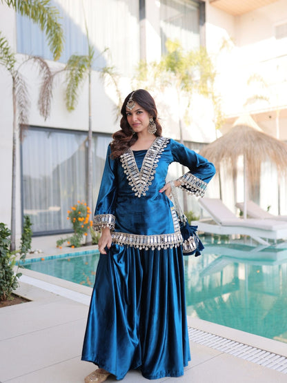 Rajwada Blue Velvet Solid Kurta Set For Women