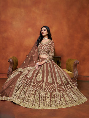 Rajwada Brown Net Embroidered Semi-Stitched lehenga For Women