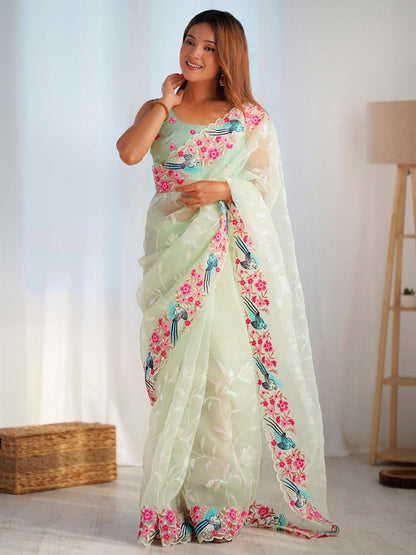 Rajwada Light Green Organza Embroidered Solid Saree For Women