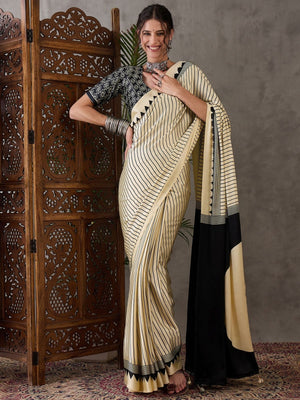 Rajwada Cream Silk Blend Printed Elegant Saree For Women