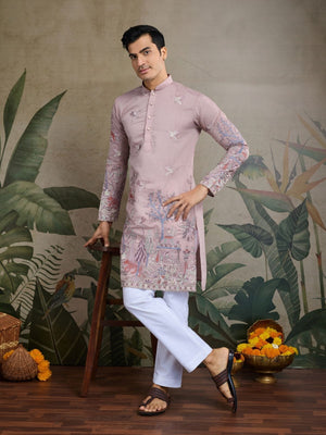 Rajwada Pink Viscose Silk Embroidered Stitched Kurta For Men