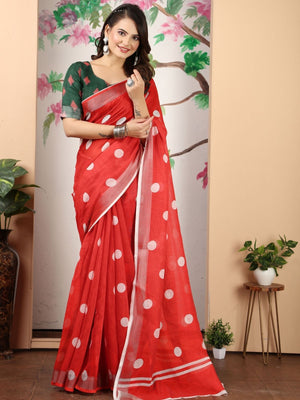 Rajwada Red Cotton Linen Woven Printed Saree For Women