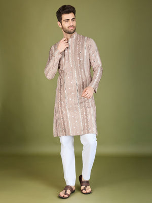 Rajwada Mauve Viscose Rayon Embroidered Stitched Kurta For Men