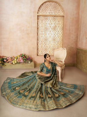 Rajwada Green Tissue Embroidered Semi-Stitched Lehenga For Women