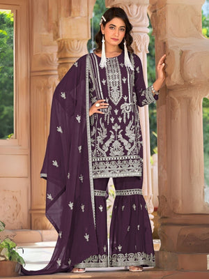 Rajwada Wine Organza Embroidered Semi-Sitched Kurta Set For Women