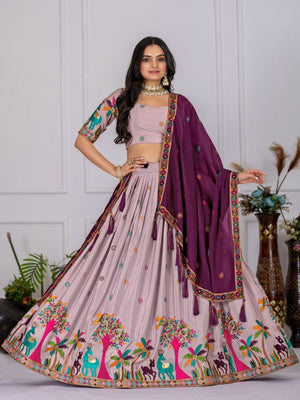 Rajwada Lavender Silk Blend Embroidered Semi-Stitched lehenga For Women