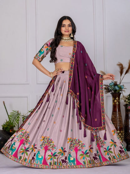Rajwada Lavender Silk Blend Embroidered Semi-Stitched lehenga For Women