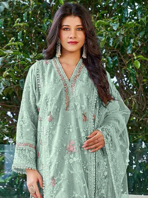 Rajwada Sky Blue Organza Embroidered Semi Stitched Kurta Set For Women