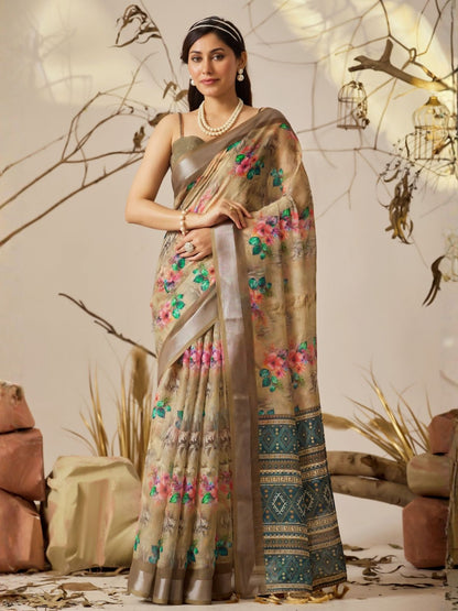 Rajwada Multicolor Linen Cotton Printed Saree For Women