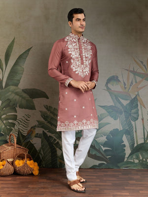 Rajwada Blush Pink Viscose Silk Embroidered Stitched Kurta For Men