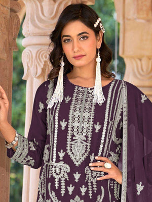 Rajwada Wine Organza Embroidered Semi-Sitched Kurta Set For Women