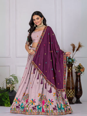 Rajwada Lavender Silk Blend Embroidered Semi-Stitched lehenga For Women