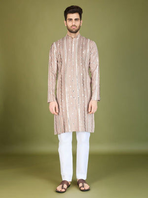 Rajwada Mauve Viscose Rayon Embroidered Stitched Kurta For Men