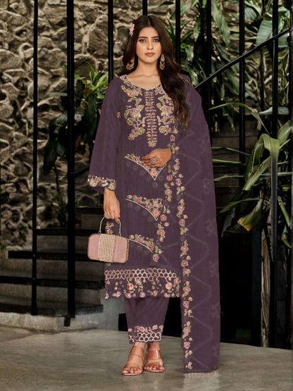 Rajwada Mauve Georgette Embellished Semi-Stitched Kurta Set For Women