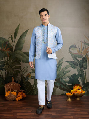 Rajwada Sky Blue Silk Blend Embellished Kurta For Men