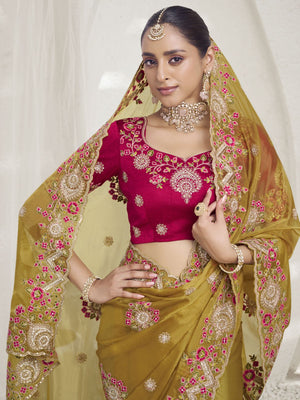 Rajwada Mustard Embroidered Silk Blend Saree With Unstitched Blouse For Women